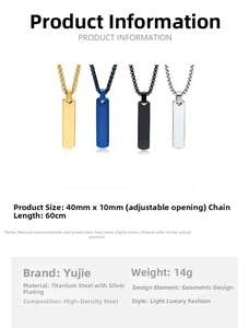 Detail chart of 40x10mm rectangular pendant showing steel, gold, blue, and black finishes