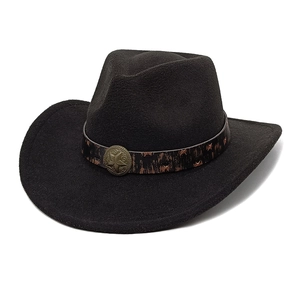 Chapeau de cowboy en laine noire avec ruban imprimé vintage et emblème étoile en métal