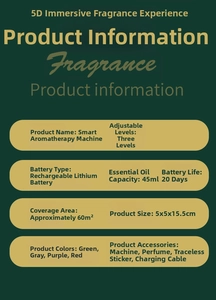 Detailed specs of the smart aroma diffuser showing 3 modes and 60m² coverage capacity