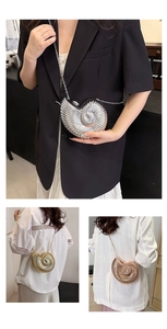 Detailed view of sea shell chain bag in metallic silver, gold, and rose gold finishes