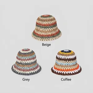 Foldable handmade crochet straw bucket hats for women in beige, gray, and coffee colors