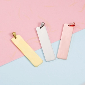 Polished rectangular stainless steel pendants in gold, silver, and rose gold finishes