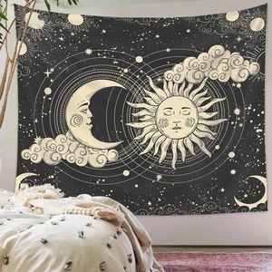 Bohemian sun and moon tapestry in black and beige for mystical room wall decoration