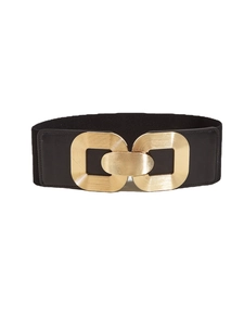 Women's wide elastic waist belt with decorative gold double ring buckle for dresses