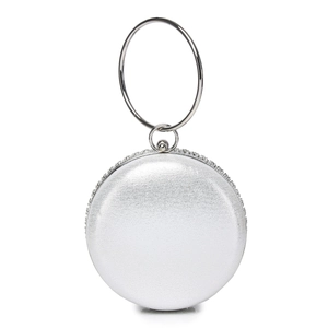 Silver round evening bag with rhinestone trim and metal ring handle on white background