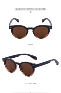 Front and 45-degree side views of oval sunglasses with demi-gold frame and brown lenses
