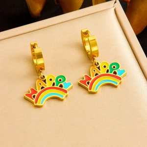 Gold-plated stainless steel earrings featuring colorful enamel rainbow and happy charms