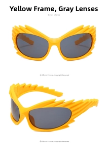 Detail view of yellow spiky hedgehog sunglasses with grey lenses for party costumes