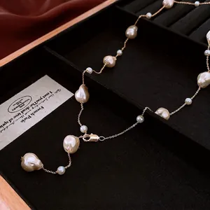 Elegant French baroque irregular pearl necklace with gold-plated chain in black gift box