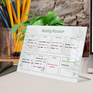 Acrylic weekly planner desk board with green leaf pattern and metal stand for office
