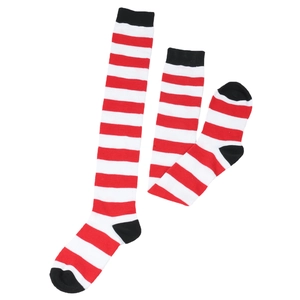 Knit Christmas striped thigh high socks for girls with red white stripes and black trim