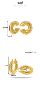 Detailed size specifications of chunky gold C-shaped earrings with spiral metal texture
