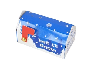 Close-up of blue and white mailbox Christmas candy box with Let It Snow text and red flag