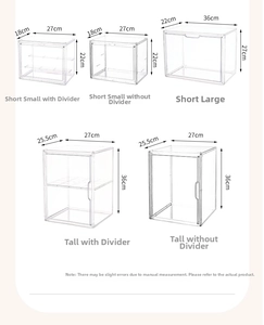 Detailed size chart for transparent stackable figure display boxes in five various dimensions