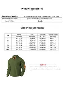Detailed size chart and fabric specifications for the men's jacquard henley sweatshirt