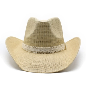 Classic beige woven straw cowboy hat with white lace trim for outdoor sun protection