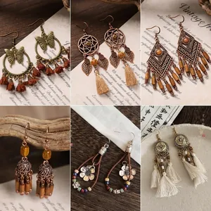 Bohemian Ethnic Vintage Tassel Drop Earrings For Women Flower Heart Rhinestone Alloy With Silver Earring Post
