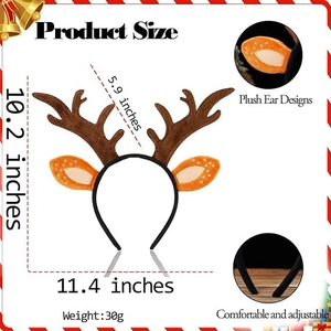 Detailed size chart of Christmas reindeer headband with plush ears and dimensions