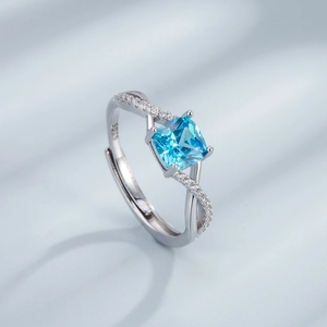 S925 sterling silver ring with square blue zircon and adjustable twisted band