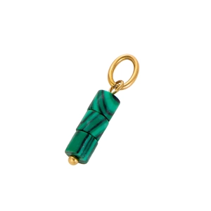 Green malachite cylinder pendant with golden clasp, three-bead design on white background