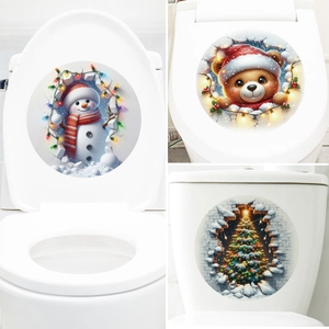 3D Christmas Toilet Lid Stickers PVC Removable Snowman Teddy Bear Tree Decals Festive Bathroom Holiday Wall Art Home Decor