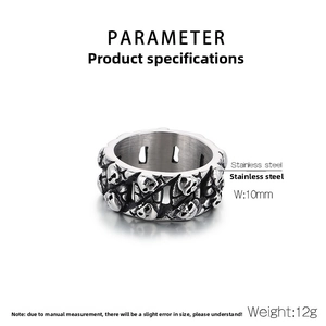 Technical view of 10mm punk skull ring in stainless steel with 12g weight detail