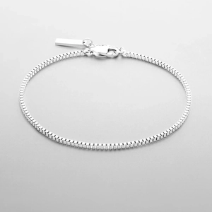 Detail of silver stainless steel box chain bracelet with lobster clasp and blank tag