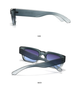 Side and back view of square grey transparent sunglasses with blue gradient lenses
