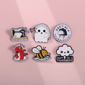 Set of 6 creative cartoon enamel pins featuring ghost bee dinosaur shapes and witty quotes