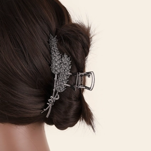 Elegant gun-black metal wheat ear hair claw with rhinestones for messy bun styling
