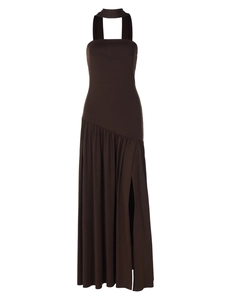 Elegant strapless chocolate brown dress with a stylish side slit and ruffled flowing hemline