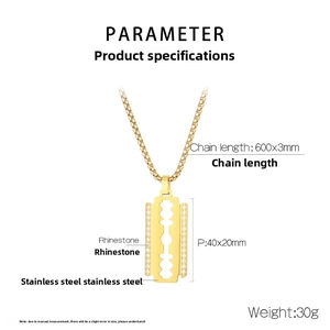Detail view of 18K gold plated stainless steel razor blade pendant with CZ diamond accents
