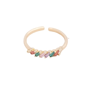 Gold open ring with colorful rectangular zircon gemstones in rainbow arrangement