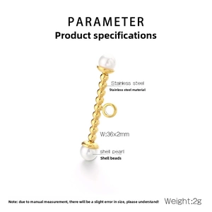 Macro view of gold stainless steel toggle clasp with shell pearls measuring 36x2mm