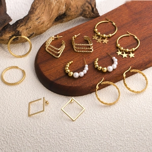 Minimalist gold stainless steel earrings set featuring geometric shapes and pearl charms