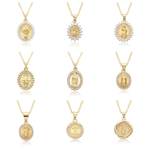 Western Religious Virgin Mary Jesus Pendant Necklace Copper Zirconia Inlaid Gold Plated Choker For Women Communion Jewelry Gift