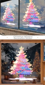 Detail of pink Christmas tree window stickers with Merry Christmas greeting on glass