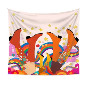 Detail of retro 70s pop art tapestry with colorful boots, rainbows and flowers