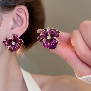Boucles D'Oreilles Fleurs En Émail Violet Rétro Avec Strass Zircon Et Tige En Argent Accessoires Vintage Élégants Femmes