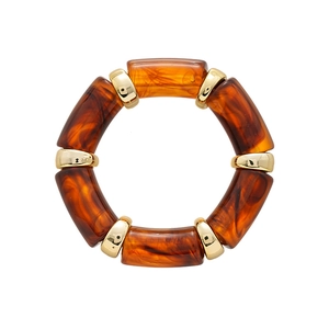Retro amber acrylic bamboo stretch bracelet with polished gold metal spacers on white background