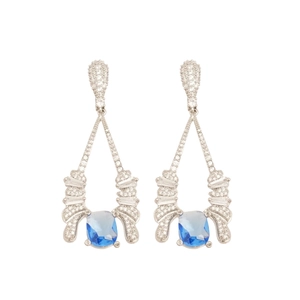 Silver drop earrings with blue rectangular zircon and sparkling stones in luxury style
