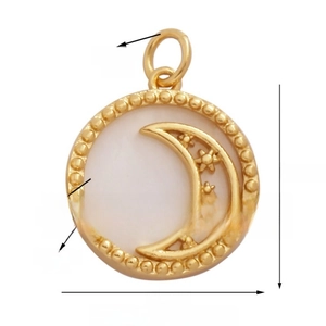 Macro view of 16mm gold celestial shell pendant with crescent moon and star details