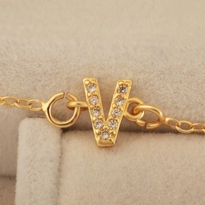 18k gold plated letter V pendant with white zircon stones for DIY jewelry design