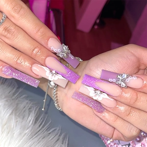 Faux Ongles Longs Carrés À Presser Paillettes Violettes Style Français Avec Fleurs 3D Et Nœud Argenté Strass
