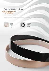 Detail of round ABS plastic wall clock frames in rose gold and lacquer black finish