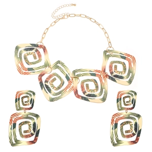 Parure de bijoux géométrique avec motifs de feuilles tropicales sur pendentifs carrés