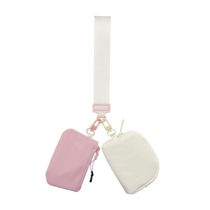 Pink and beige nylon double wristlet pouch with wide strap and secure metal zipper