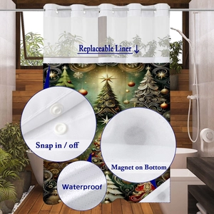Detail of Christmas waffle shower curtain with snap-in liner and magnetic weighted bottom