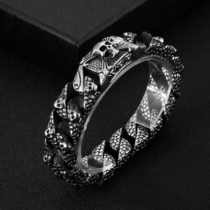 Punk vintage stainless steel skull and snake scale Cuban chain bracelet for men