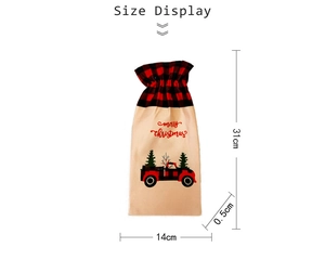 Size display of a plaid Christmas wine bottle bag with a truck and tree print